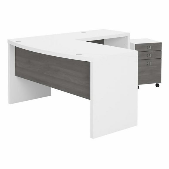 Pemberly Row Engineered Wood L-Shaped Bow Front Desk with Drawers - White & Gray