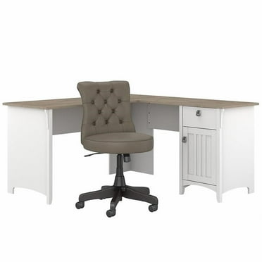 Pemberly Row Engineered Wood L-Shaped Desk and Chair Set in White/Shiplap Gray