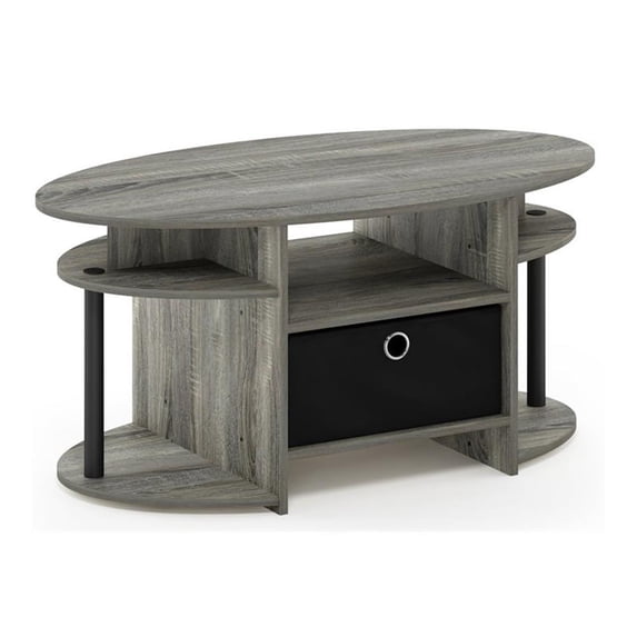 Pemberly Row Engineered Wood Oval Coffee Table with Bin in French Oak Gray/Black