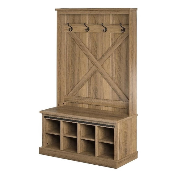 Pemberly Row Entryway Bench Hall Tree withShoe Storage in Rustic Oak