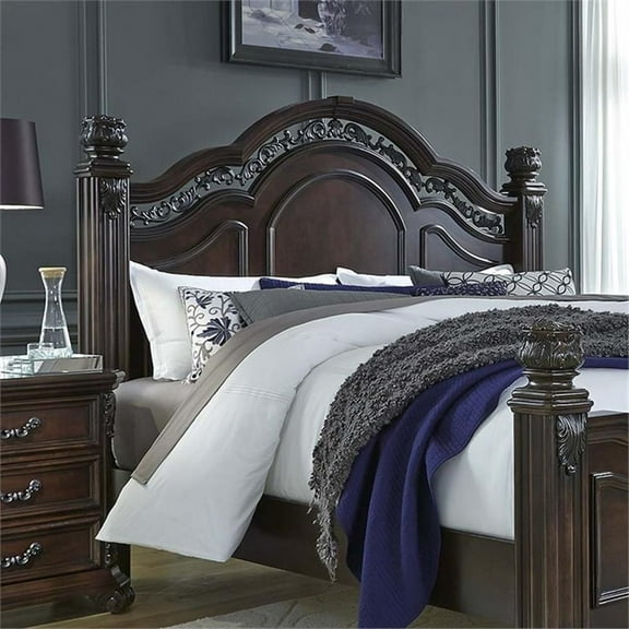 Pemberly Row Espresso Dark Brown Wood Queen Poster Headboard