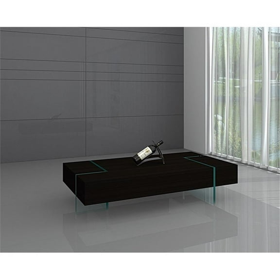 Pemberly Row Espresso Wood Coffee Table with 19mm Tampered Glass Base