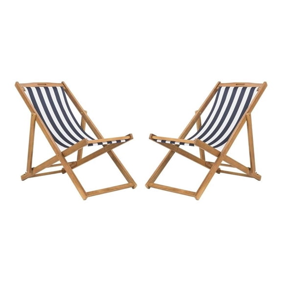 Pemberly Row Eucalyptus Wood Outdoor Sling Chair in Navy and White (Set of 2)