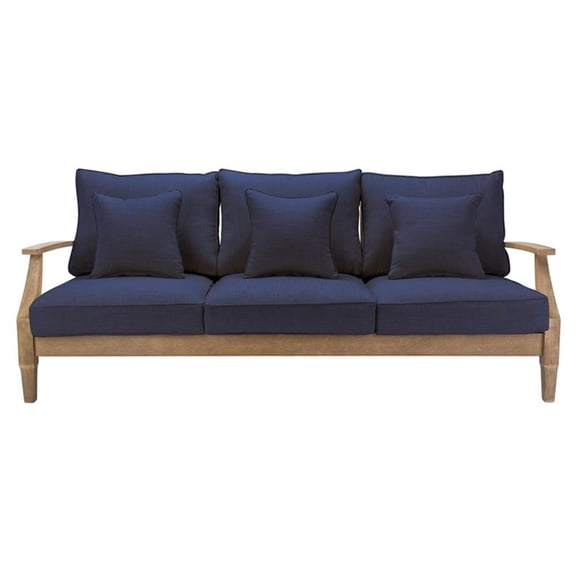 Pemberly Row Eucalyptus Wood Outdoor Sofa in Natural / Navy with Cushions