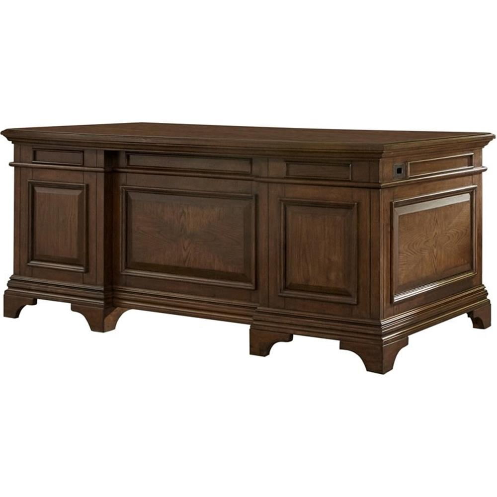 Burnished Oak Executive Desk with Bronze Hardware and Filing Cabinets