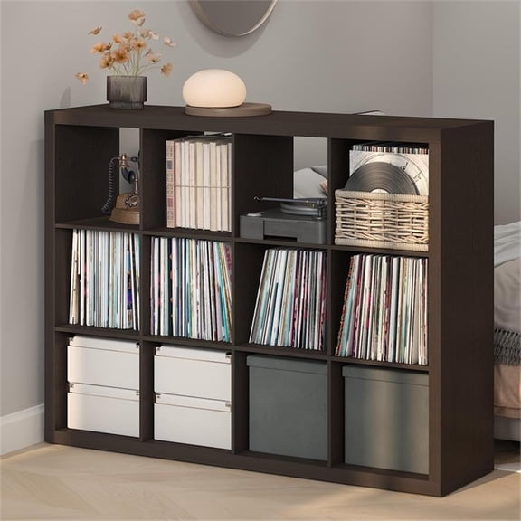 Pemberly Row Extra Thick Frame 12 Cube Media Storage Organizer in Dark Oak