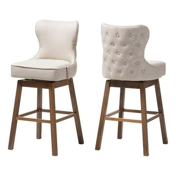 Pemberly Row Fabric Bar Stool Chair Set of 2 - Beige & Rotating Semi-circle Seat