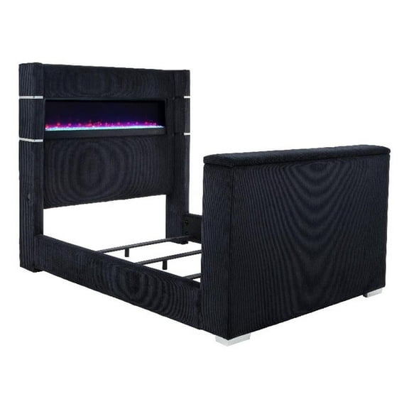 Pemberly Row Fabric California King Flame Visualizer TV Bed in Black