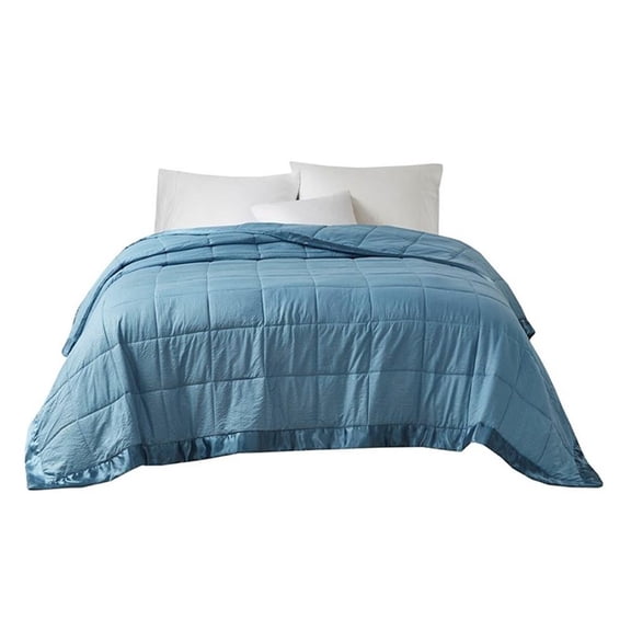 Pemberly Row Fabric Down Alternative Blanket with Satin Trim in Slate Blue