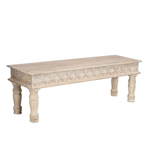 Pemberly Row Farmhouse 58" Carved Solid Wood Dining Bench in White