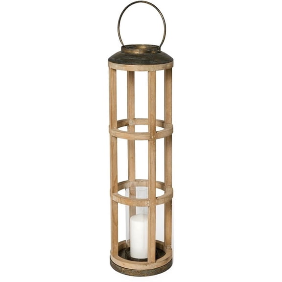 Pemberly Row Farmhouse Large Natural Wood Cylindrical Lantern