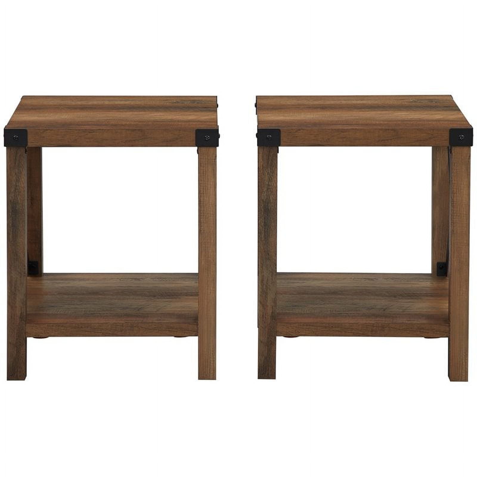 Pemberly Row Farmhouse MetalX End Tables with Shelf in Rustic Oak (Set