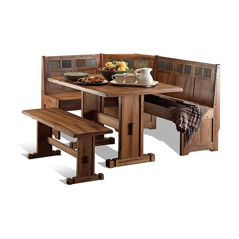 Pemberly Row Farmhouse Wood Breakfast Nook Set in Rustic Oak