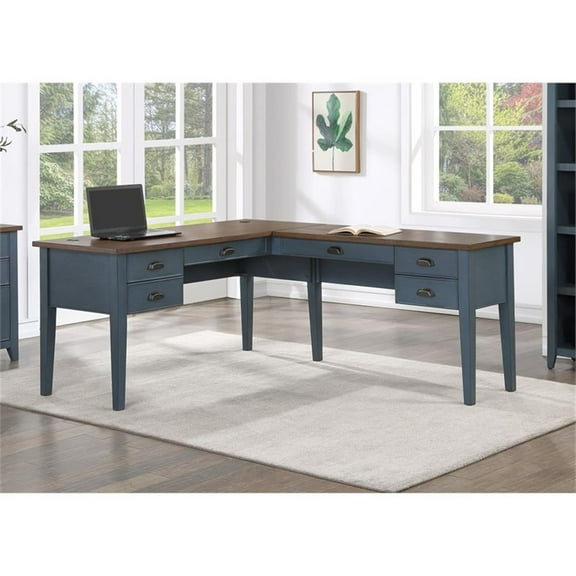 Pemberly Row Farmhouse Wood Desk with Storage Drawer in Blue