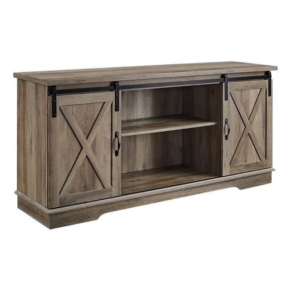 Pemberly Row Farmhouse Wood Sliding Door TV Console for TVs up to 58" in Gray