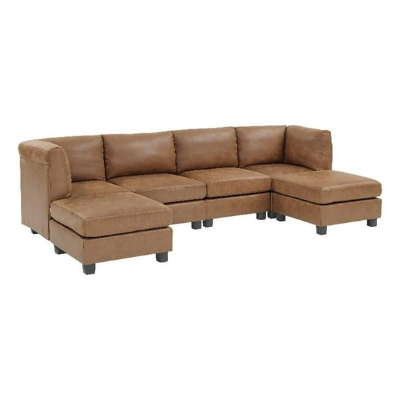 Pemberly Row Faux Leather 120" Modular Sectional with Ottoman in Ginger