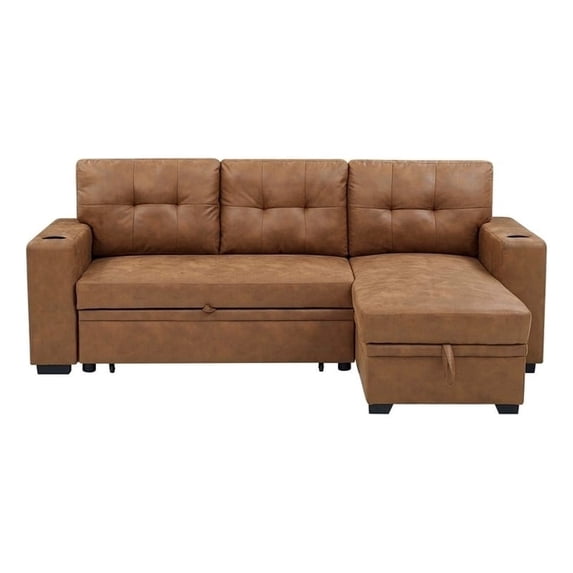 Pemberly Row Faux Leather Convertible Sectional in Brown Finish