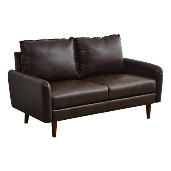 Pemberly Row Faux Leather Loveseat Modern Sofa with Wooden Legs in Brown