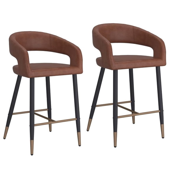 Pemberly Row Faux Leather Metal 26" Counter Stool in Caramel/Black (Set of 2)