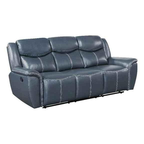 Pemberly Row Faux Leather Motion Reclining Sofa with Drop Down Table Blue