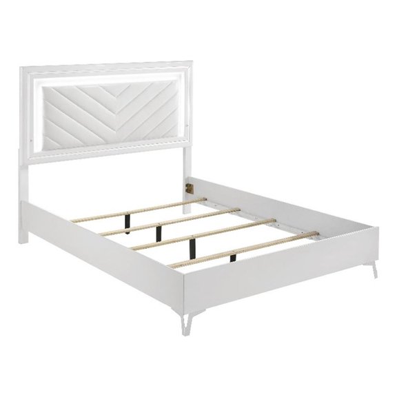 Pemberly Row Faux Leather Queen LED Panel Bed in White High Gloss