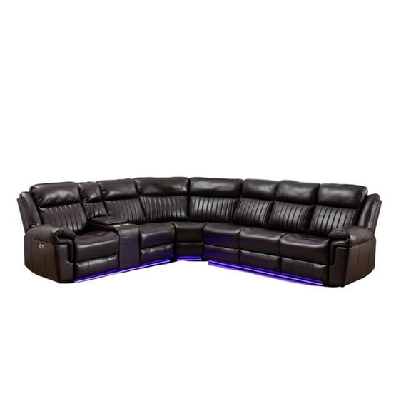 Pemberly Row Faux Leather Sectional w/ LED USB Speaker Wireless Charger - Brown