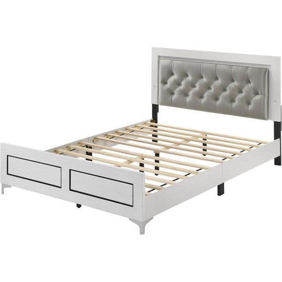 Pemberly Row Faux Leather Tufted Queen Bed with LED in Gray White