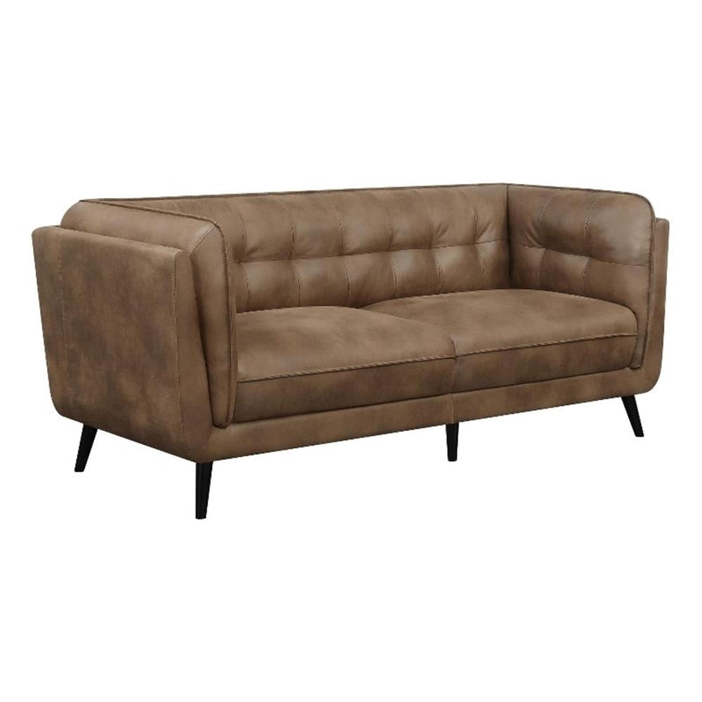 Pemberly Row Faux Leather Upholstered Button Tufted Sofa Brown ...