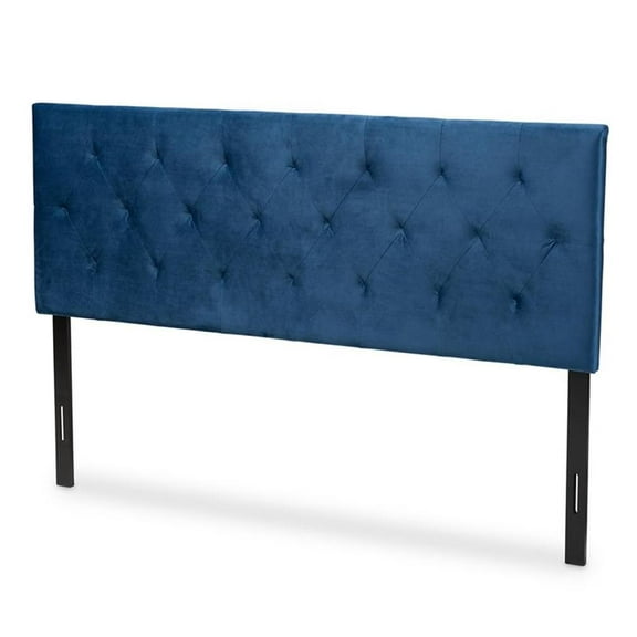 Pemberly Row Felix Velvet Fabric Padded with Foam Upholstered Full Size Headboard in  Navy Blue