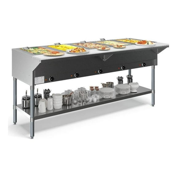 Pemberly Row Five Pan Open Well Electric Steam Table with Undershelf 240V