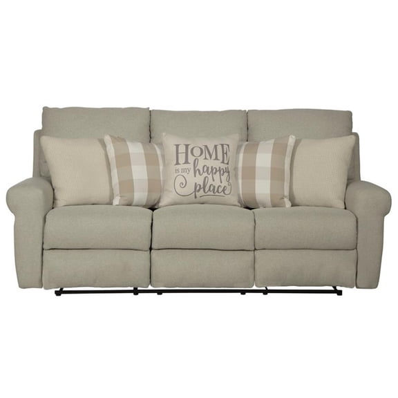 Pemberly Row Flat Reclining Sofa in Beige Fabric with Accent Pillows