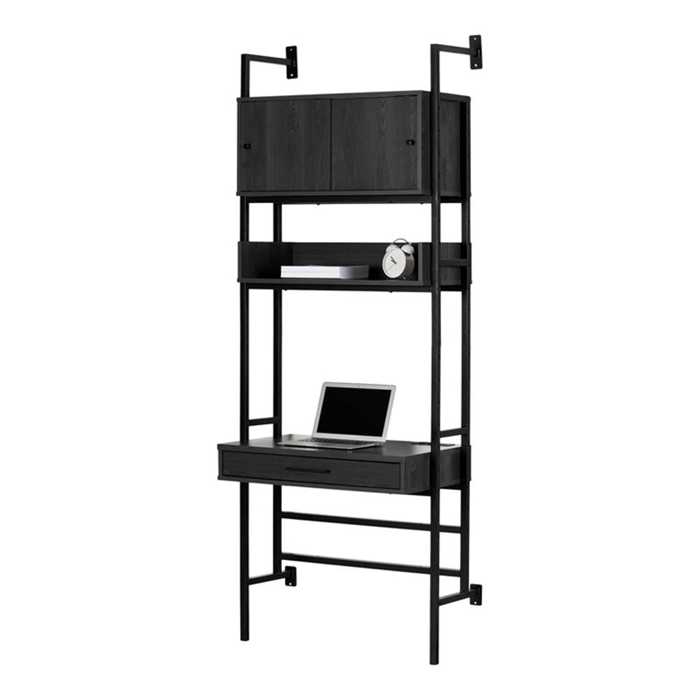 Gray Oak and Black Wall-Mounted Desk with Power Outlets and Storage