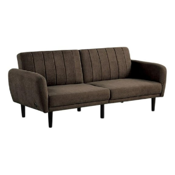 Pemberly Row Fold Out Futon Sofa Bed in Dark Brown Retro Channel Tufted Back