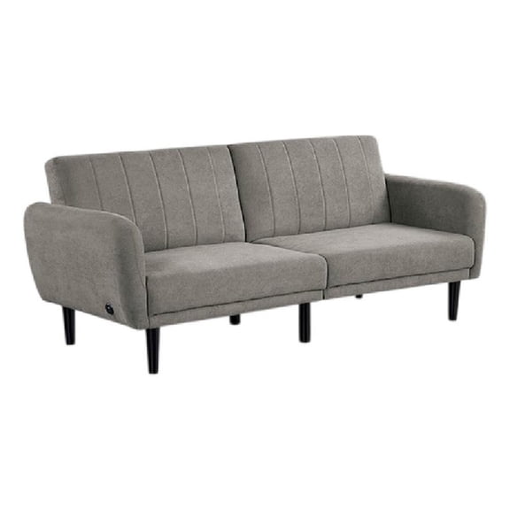 Pemberly Row Fold Out Futon Sofa Bed in Light Gray Retro Channel Tufted Back