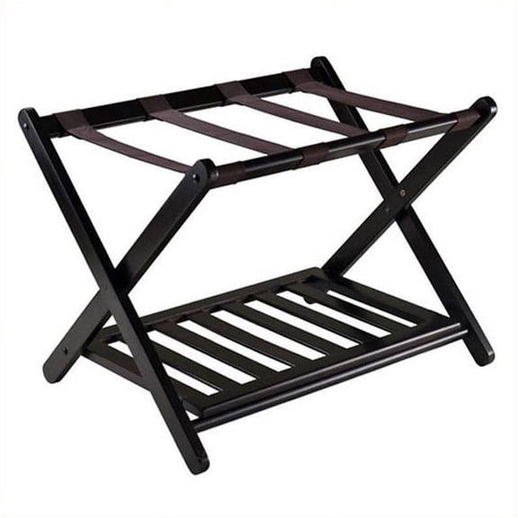 Pemberly Row Foldable Luggage Rack with Shelf in Dark Espresso