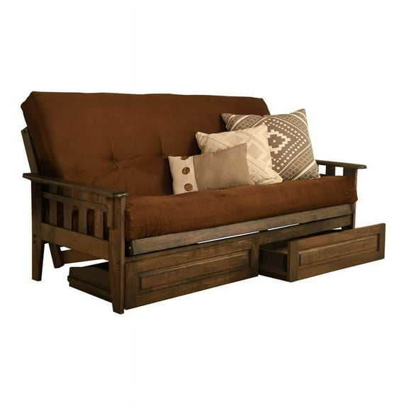 Pemberly Row Frame with Suede Fabric Mattress in Brown and Rustic Walnut