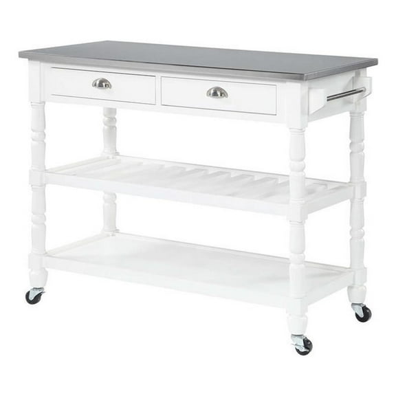 Pemberly Row French Stainless Steel Top Kitchen Cart- White Wood