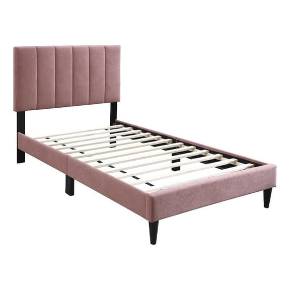 Pemberly Row Full Bed with Channel Tufted Headboard in Blush Pink Linen