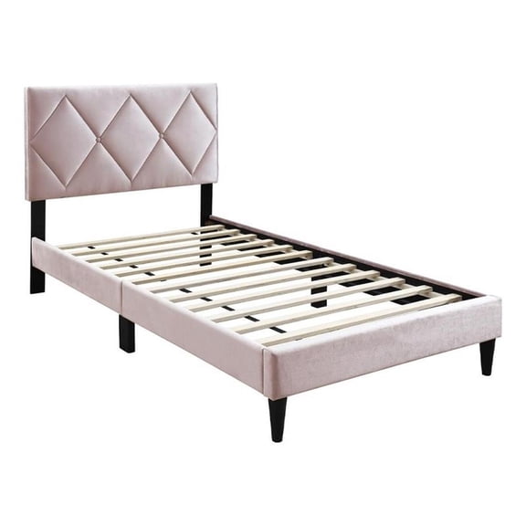 Pemberly Row Full Bed with Tufted Diamond Stitch Headboard in Light Pink Velvet