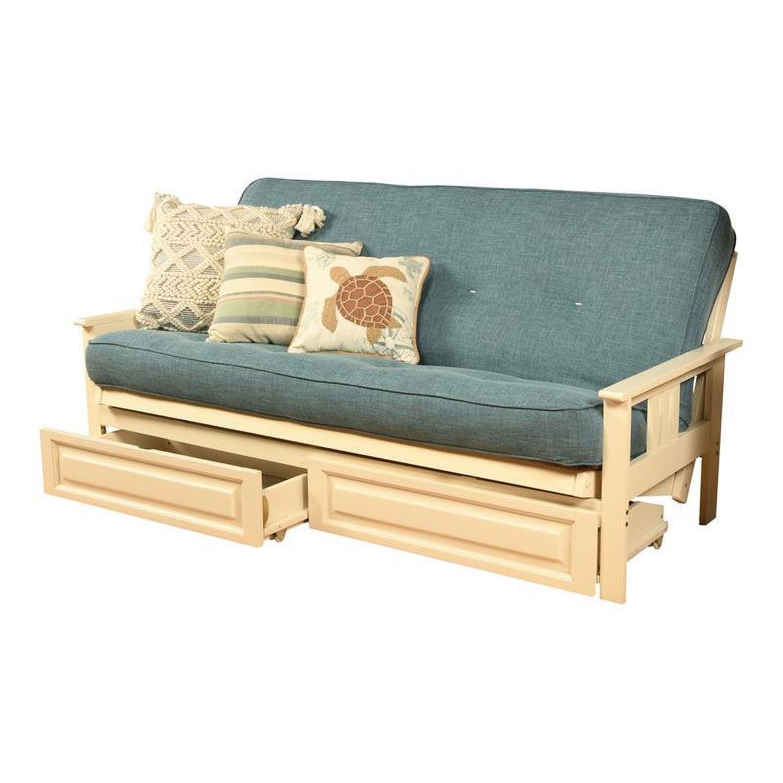 Pemberly Row Full Futon with Linen Fabric Mattress in White and Blue