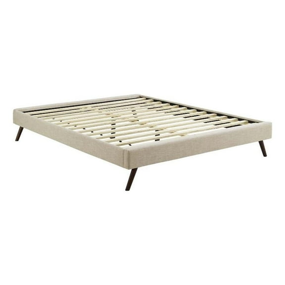 Pemberly Row Full Polyester Fabric Bed Frame with Round Splayed Legs in Beige