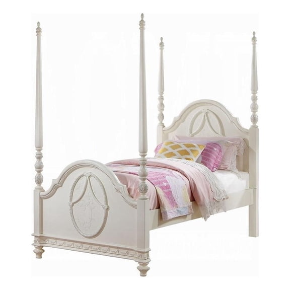 Pemberly Row Full Poster Bed with Embossed Floral Headboard in Ivory