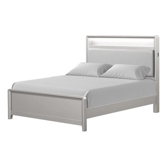 Pemberly Row Full Size Bed with LED Bookcase Headboard in Champagne Silver