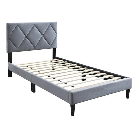 Pemberly Row Full Size Bed with Tufted Diamond Stitch Headboard in Gray Velvet