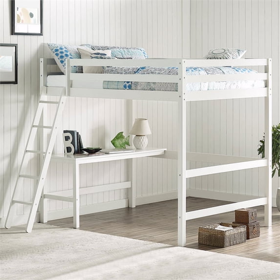 Pemberly Row Full Wooden Loft Bed with Desk in White