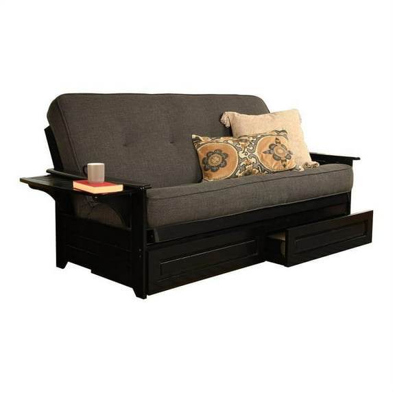 Pemberly Row Futon with Linen Fabric Mattress in Charcoal Gray and Black