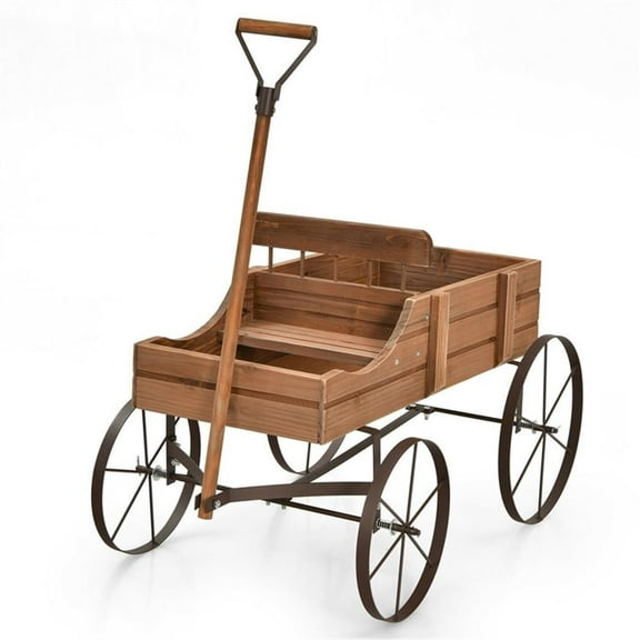 Pemberly Row Garden Plant Wooden Wagon Planter W/ Wheel Brown