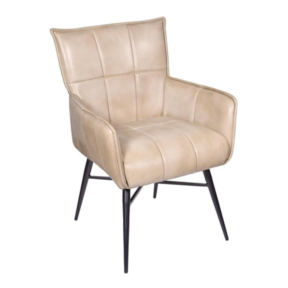Pemberly Row Genuine Leather Arm Chair in Stone with Iron Base