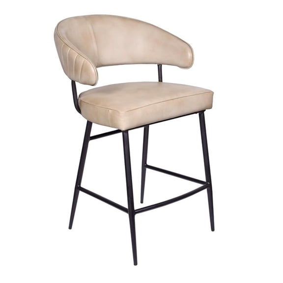 Pemberly Row Genuine Leather Counter Stool in Stone Finish with Iron Base
