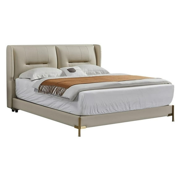 Pemberly Row Genuine Leather & Metal Eastern King/King Bed in Cream